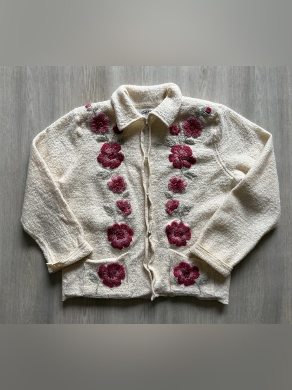 Vintage Judith Hart Hank Knit Floral Wool Cardigan Sz XL